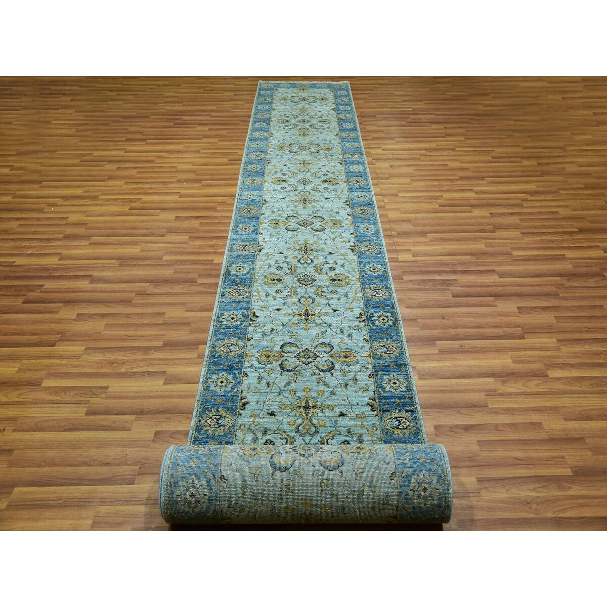 Shahbanu Rugs Celeste Blue Pure Wool Shah Abbas Floral Vein Design Hand Knotted XL Runner Oriental Agra Rug (2'8"x29'10")