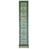 Shahbanu Rugs Celeste Blue Pure Wool Shah Abbas Floral Vein Design Hand Knotted XL Runner Oriental Agra Rug (2'8"x29'10")