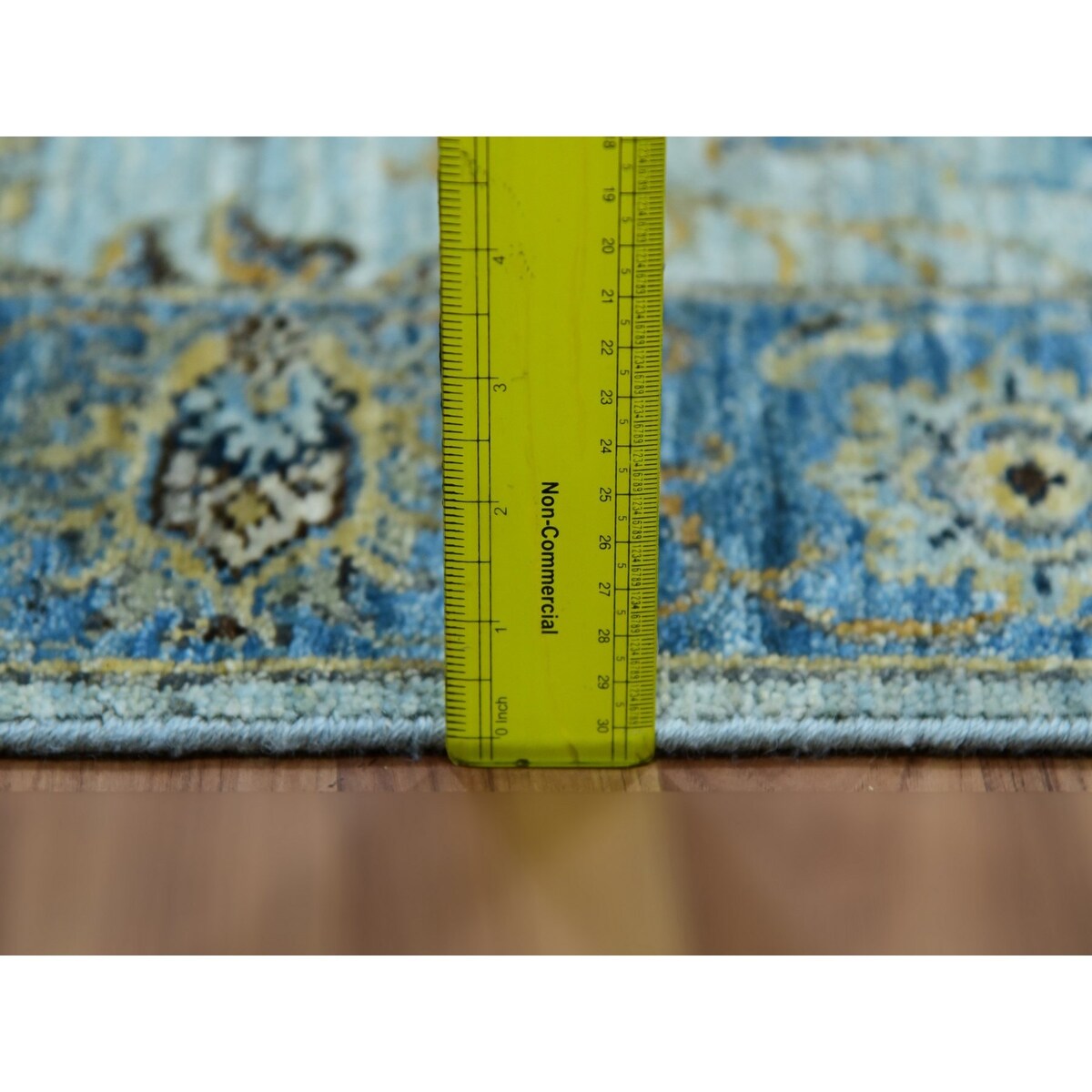 Shahbanu Rugs Celeste Blue Pure Wool Shah Abbas Floral Vein Design Hand Knotted XL Runner Oriental Agra Rug (2'8"x29'10")