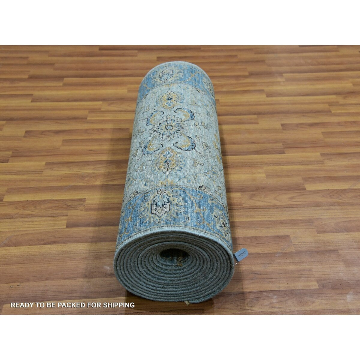 Shahbanu Rugs Celeste Blue Pure Wool Shah Abbas Floral Vein Design Hand Knotted XL Runner Oriental Agra Rug (2'8"x29'10")