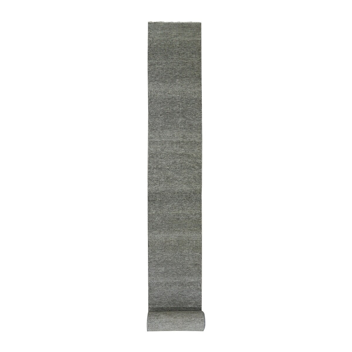 Shahbanu Rugs Cloud Gray Hand Knotted Modern Natural Undyed Wool Tone on Tone Grass Design XL Runner Oriental Rug (2'4"x27'9")