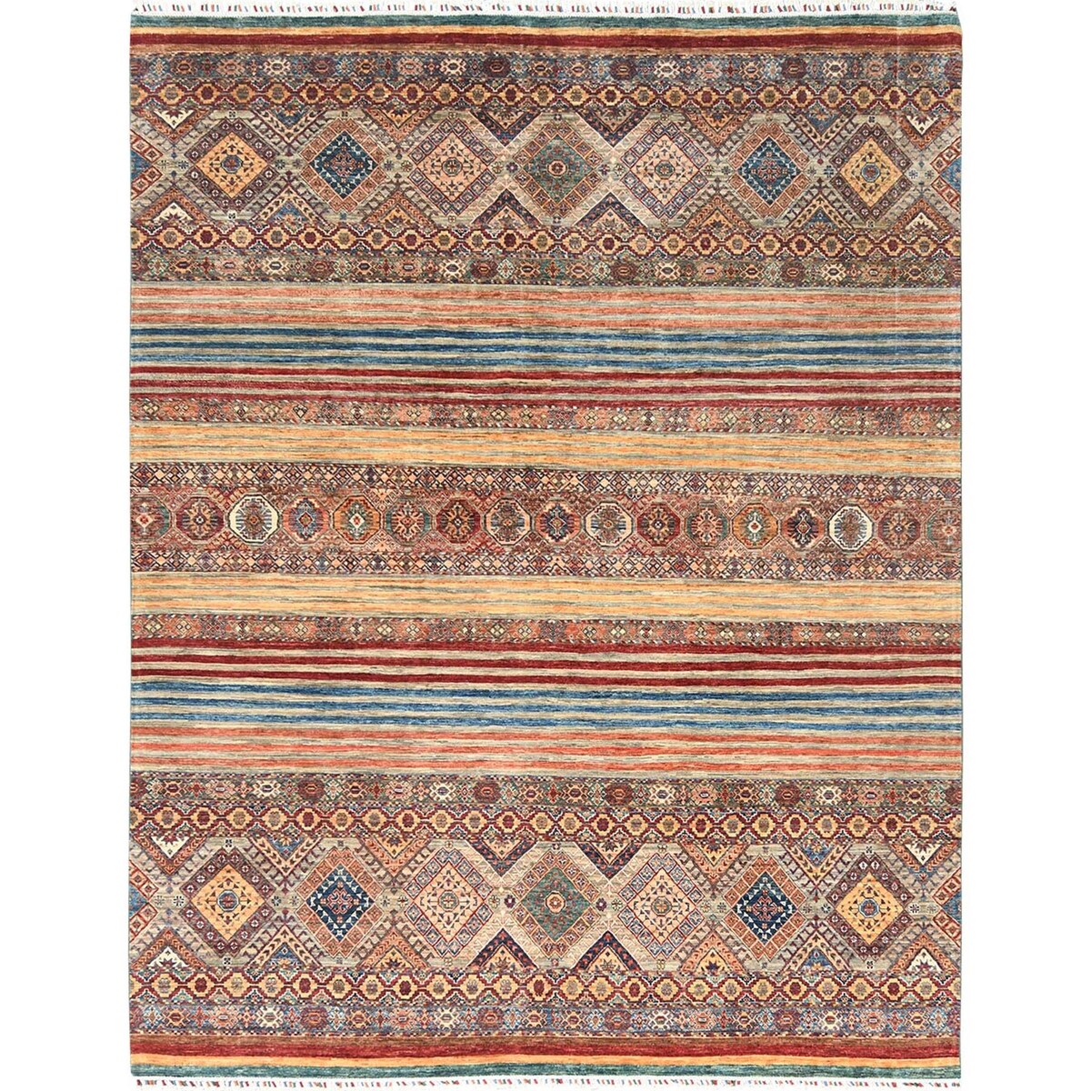 Shahbanu Rugs Colorful Afghan Super Kazak with Khorjin Design Natural Dyes Pure Wool Hand Knotted Oriental Rug (8'10" x 11'3")