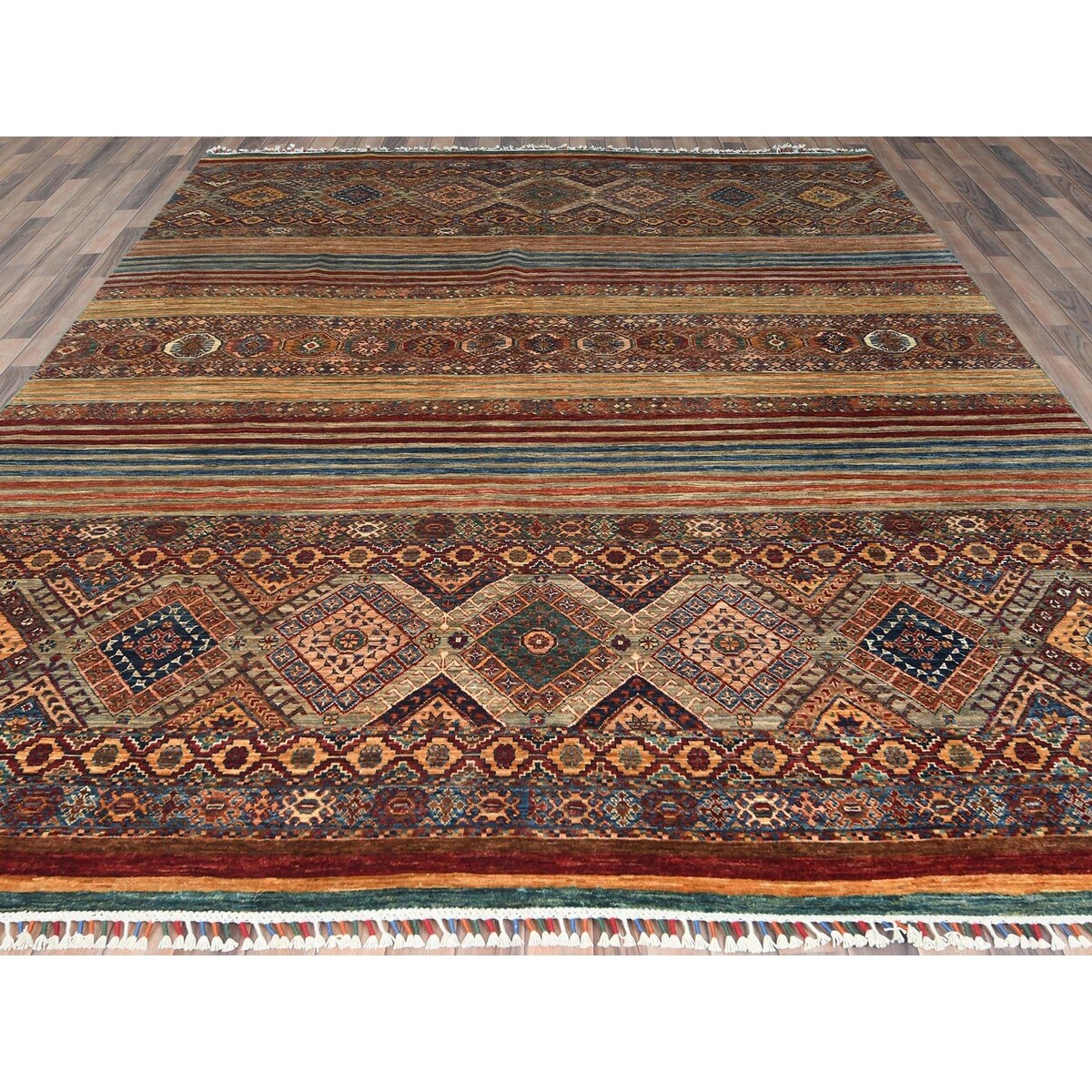 Shahbanu Rugs Colorful Afghan Super Kazak with Khorjin Design Natural Dyes Pure Wool Hand Knotted Oriental Rug (8'10" x 11'3")