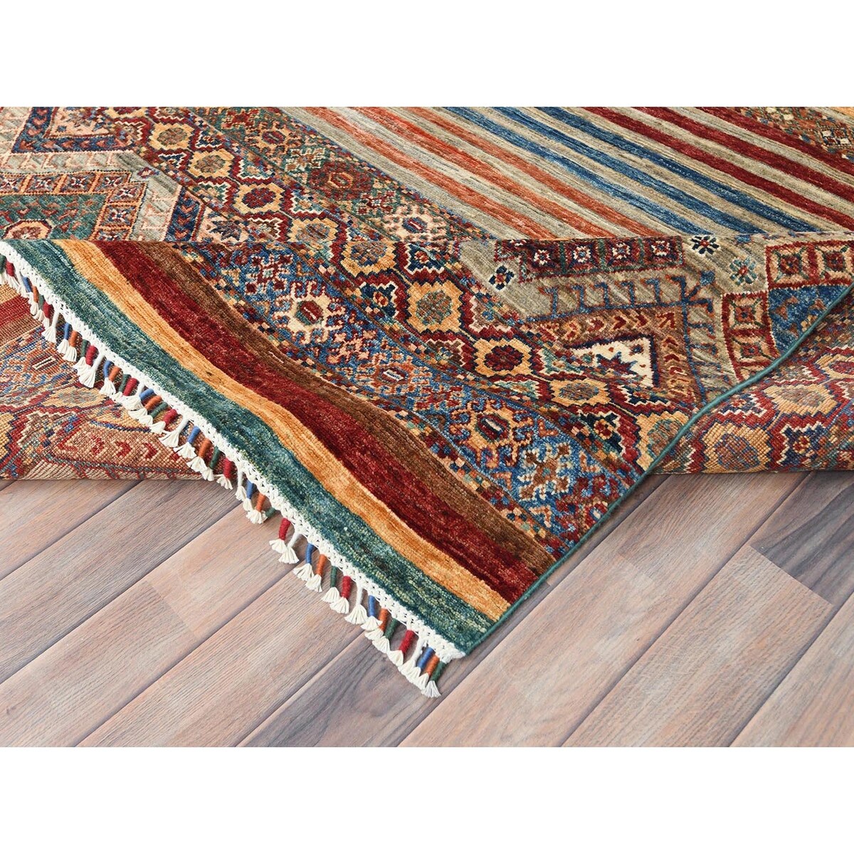 Shahbanu Rugs Colorful Afghan Super Kazak with Khorjin Design Natural Dyes Pure Wool Hand Knotted Oriental Rug (8'10" x 11'3")