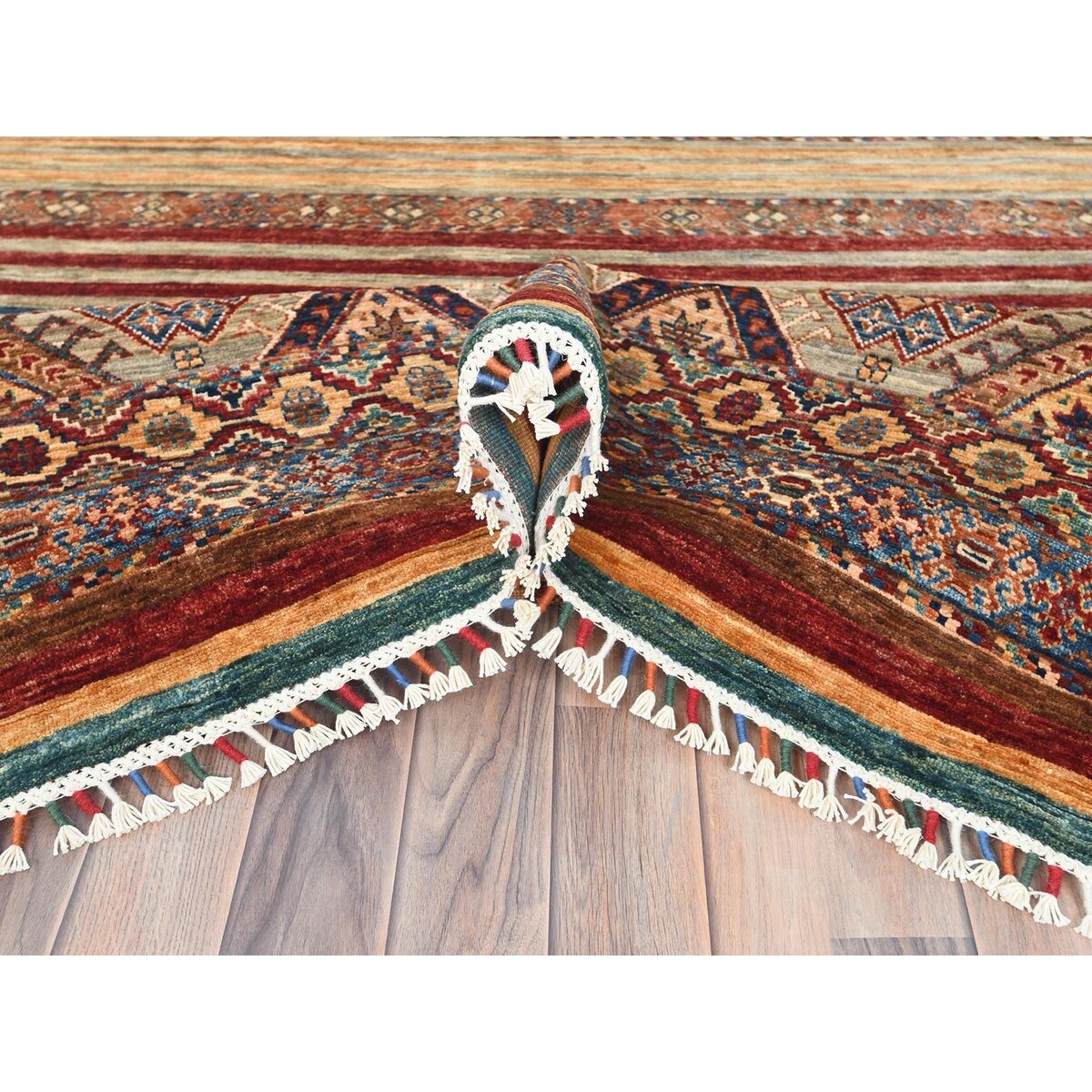 Shahbanu Rugs Colorful Afghan Super Kazak with Khorjin Design Natural Dyes Pure Wool Hand Knotted Oriental Rug (8'10" x 11'3")