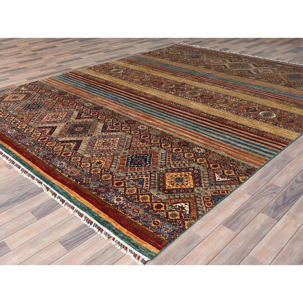 Shahbanu Rugs Colorful Afghan Super Kazak with Khorjin Design Natural Dyes Pure Wool Hand Knotted Oriental Rug (8'10" x 11'3")