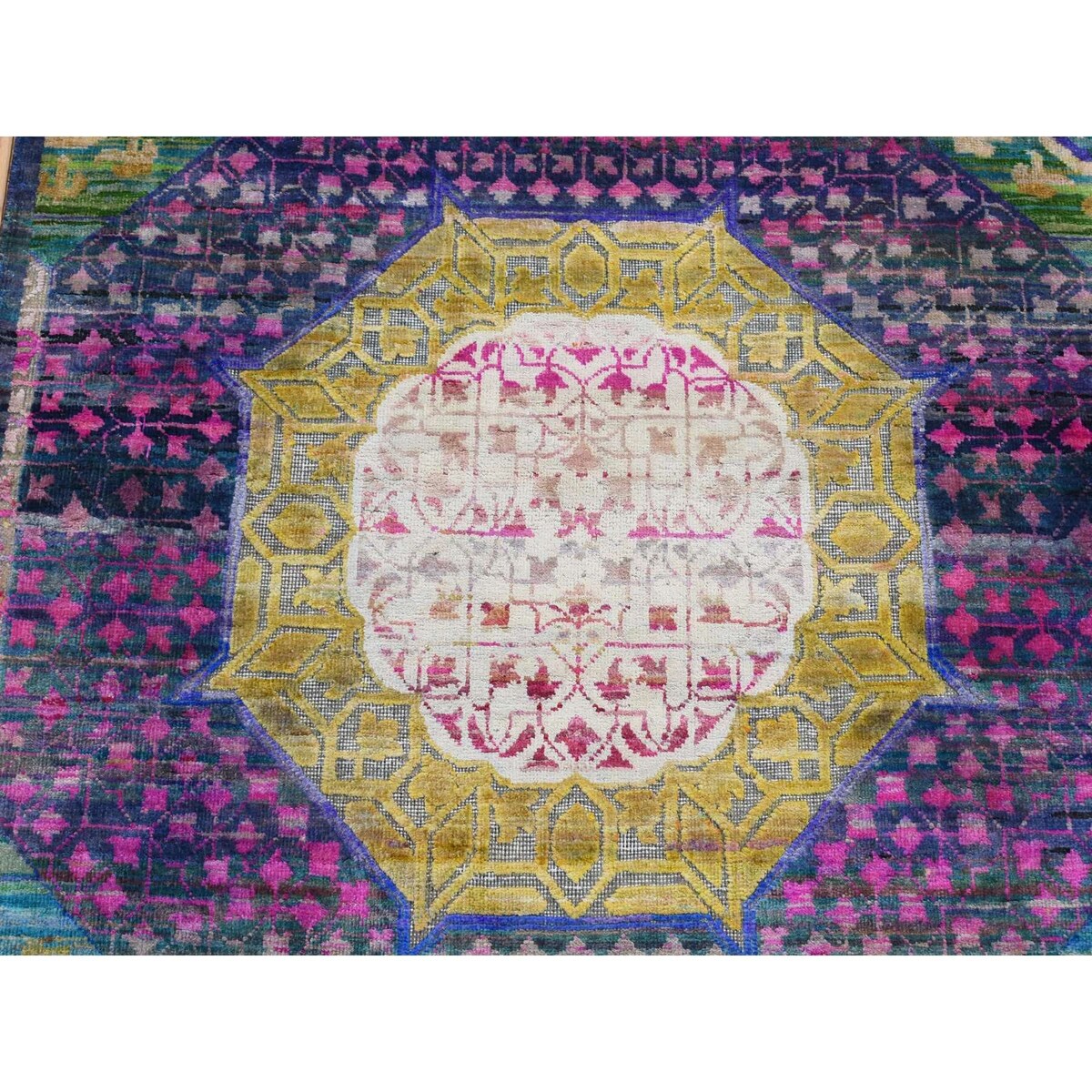 Shahbanu Rugs Colorful, Mamluk Design, Sari Silk with Textured Wool, XL Runner, Hand Knotted, Oriental Rug (3'1"x16'1")