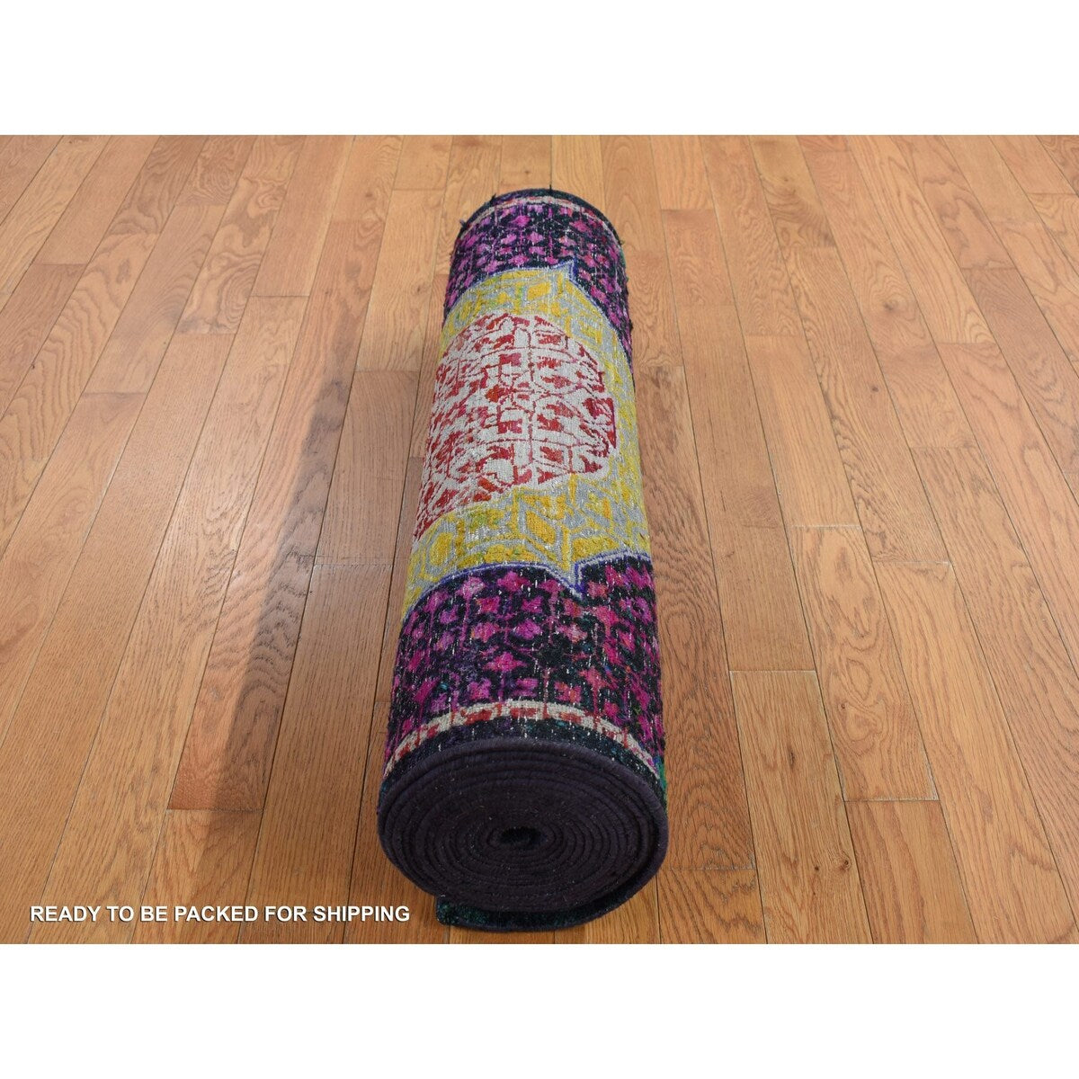 Shahbanu Rugs Colorful, Mamluk Design, Sari Silk with Textured Wool, XL Runner, Hand Knotted, Oriental Rug (3'1"x16'1")