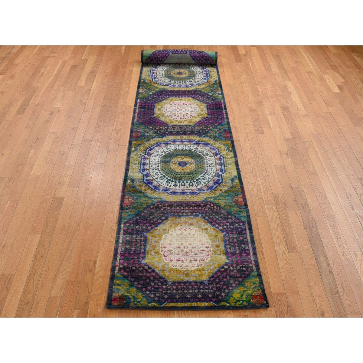 Shahbanu Rugs Colorful, Mamluk Design, Sari Silk with Textured Wool, XL Runner, Hand Knotted, Oriental Rug (3'1"x16'1")