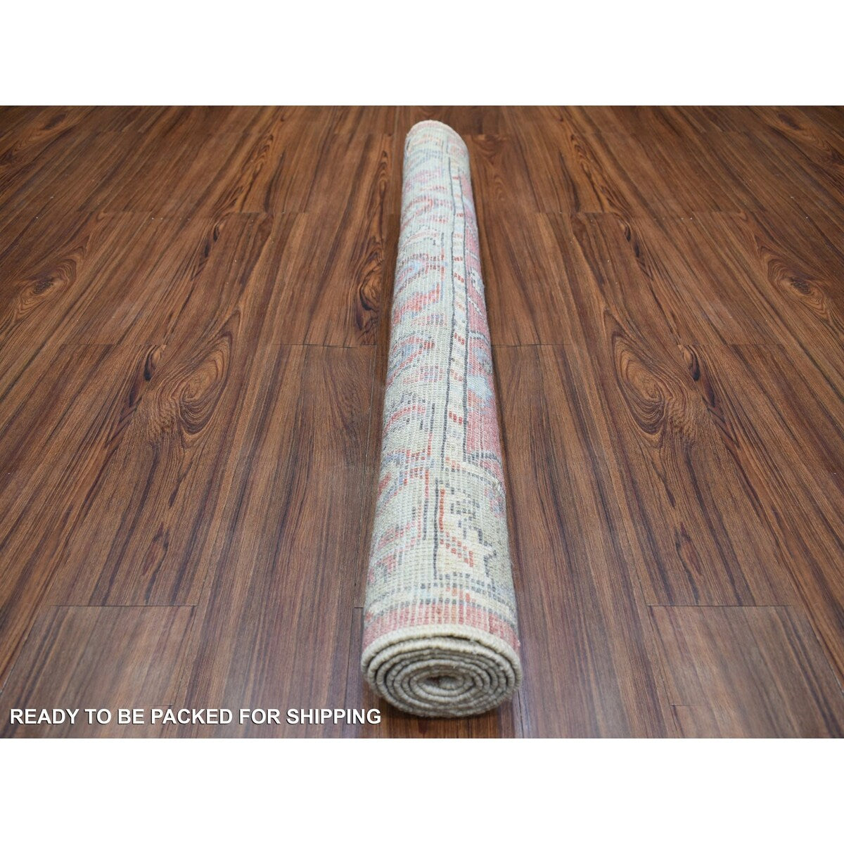 Shahbanu Rugs Coral Pink, Hand Knotted, Afghan Ushak with Flowing and Open Design, Organic Wool, Oriental Rug (4'0"x6'2")