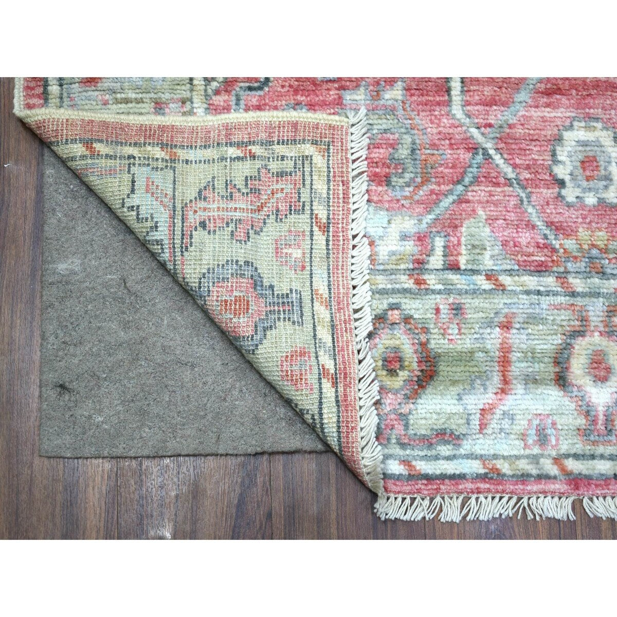 Shahbanu Rugs Coral Pink, Hand Knotted, Afghan Ushak with Flowing and Open Design, Organic Wool, Oriental Rug (4'0"x6'2")