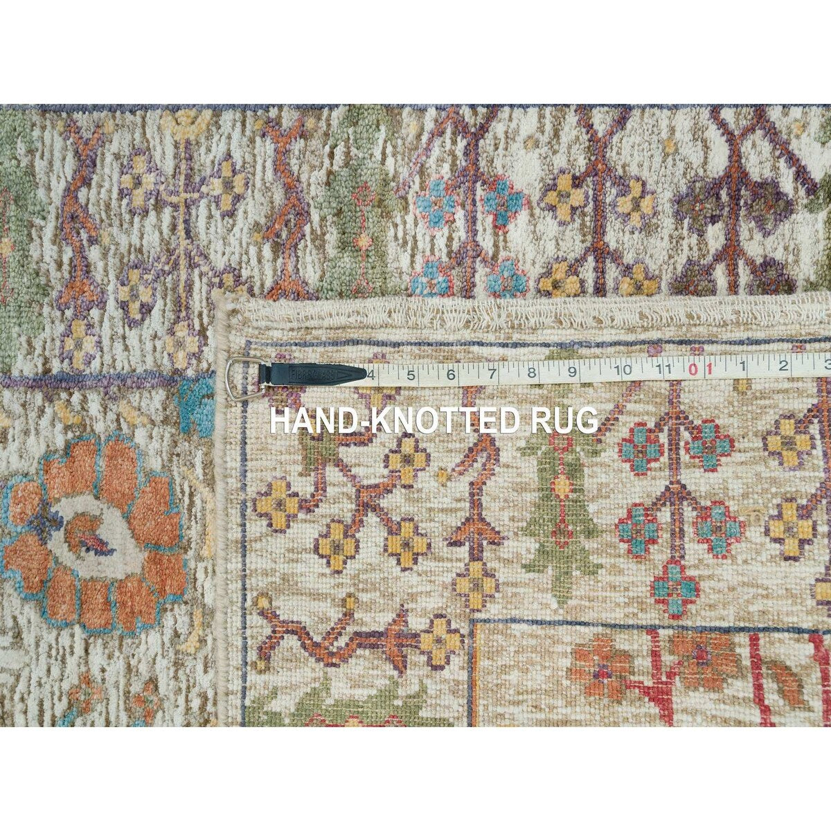 Shahbanu Rugs Cosmic Latte Beige Textured Wool With Silk Hand Knotted Directional Vase Design Runner Oriental Rug (2'6"x12'2")