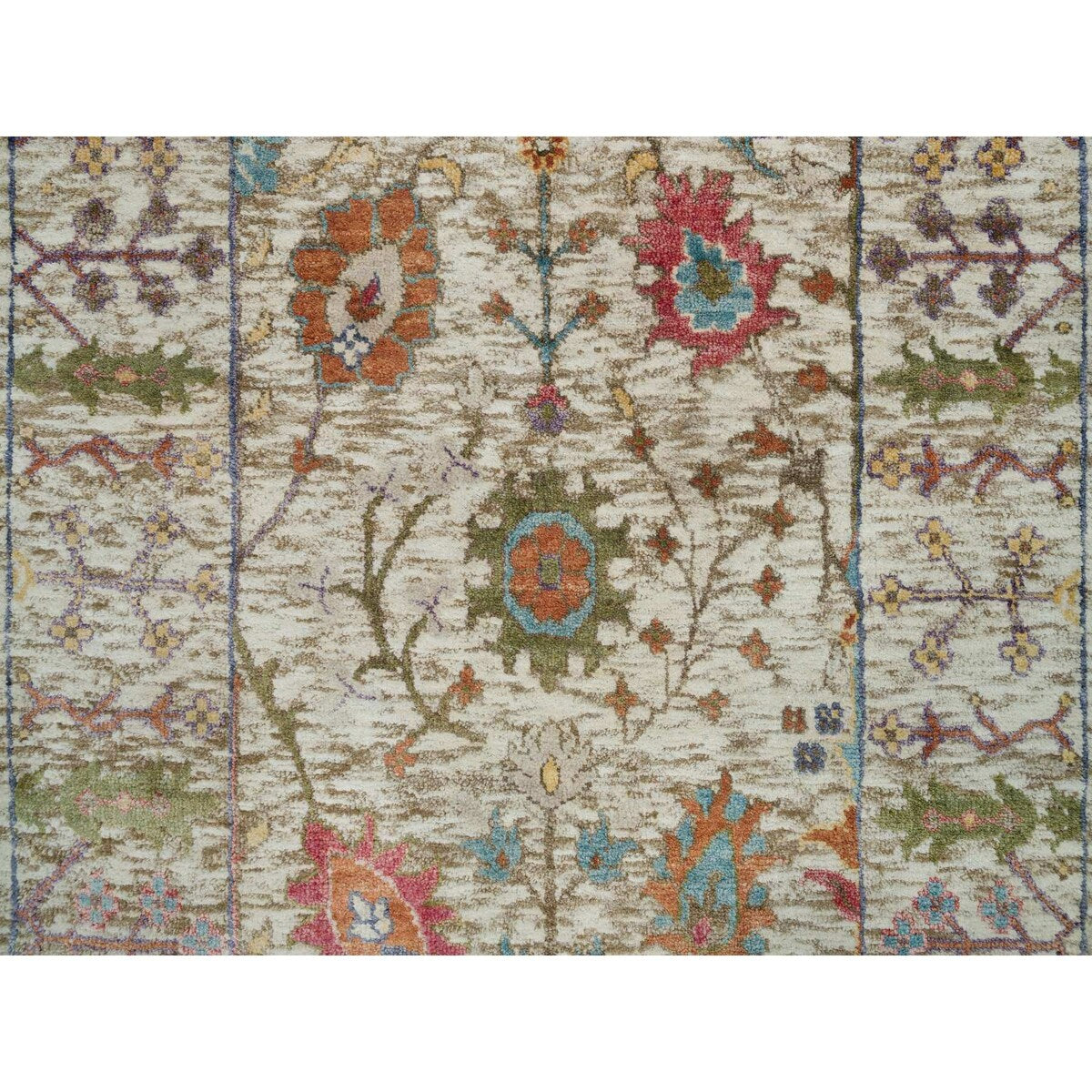 Shahbanu Rugs Cosmic Latte Beige Textured Wool With Silk Hand Knotted Directional Vase Design Runner Oriental Rug (2'6"x12'2")