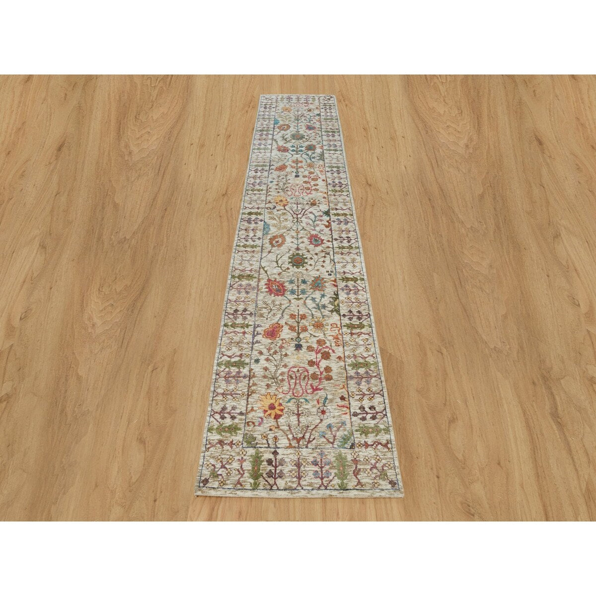 Shahbanu Rugs Cosmic Latte Beige Textured Wool With Silk Hand Knotted Directional Vase Design Runner Oriental Rug (2'6"x12'2")