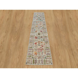 Shahbanu Rugs Cosmic Latte Beige Textured Wool With Silk Hand Knotted Directional Vase Design Runner Oriental Rug (2'6"x12'2")