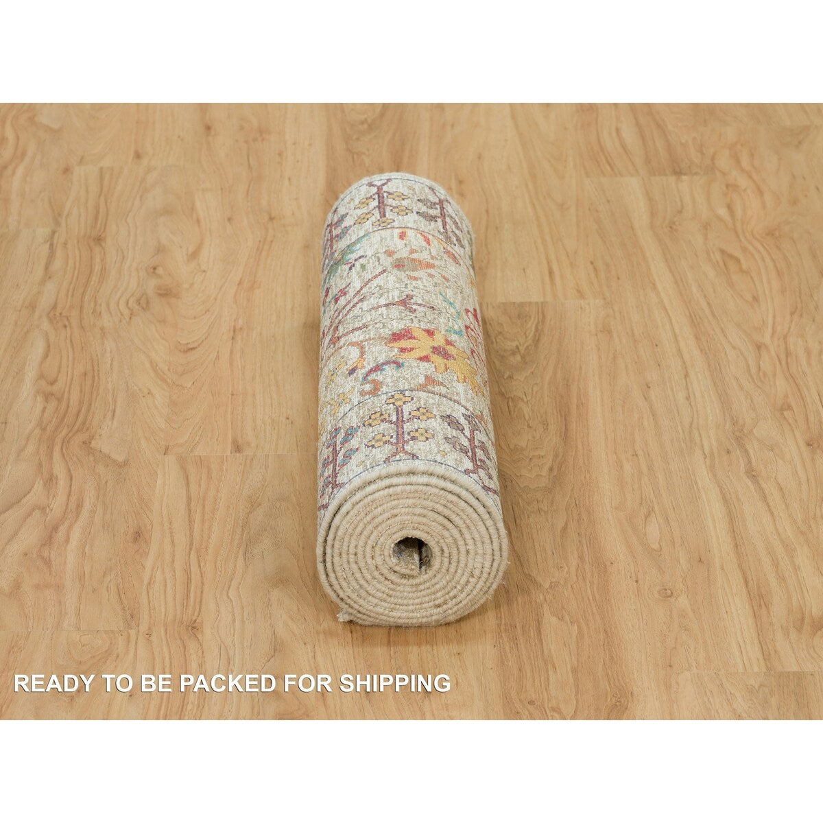 Shahbanu Rugs Cosmic Latte Beige Textured Wool With Silk Hand Knotted Directional Vase Design Runner Oriental Rug (2'6"x12'2")