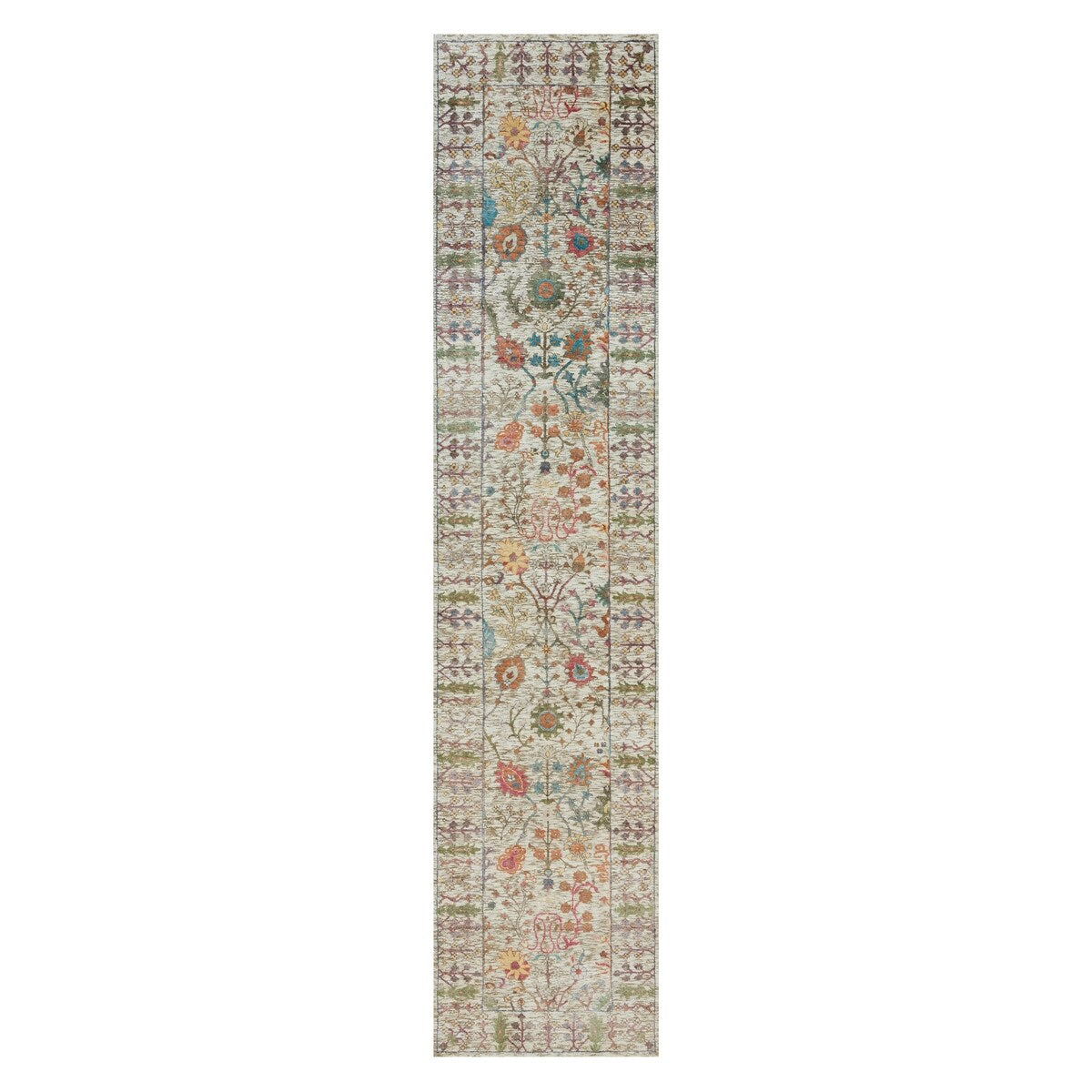 Shahbanu Rugs Cosmic Latte Beige Textured Wool With Silk Hand Knotted Directional Vase Design Runner Oriental Rug (2'6"x12'2")