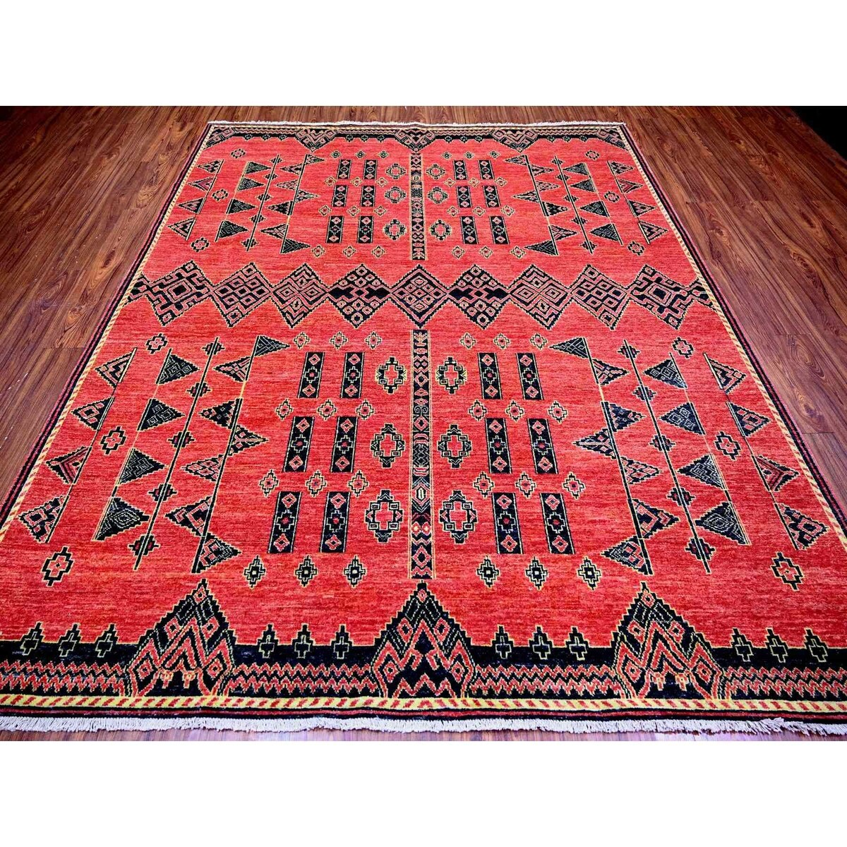Shahbanu Rugs Crimson Red Pure Wool Hand Knotted Fine Peshawar Intricate Geometric Motifs Natural Dyes Oriental Rug (8'1"x9'8")