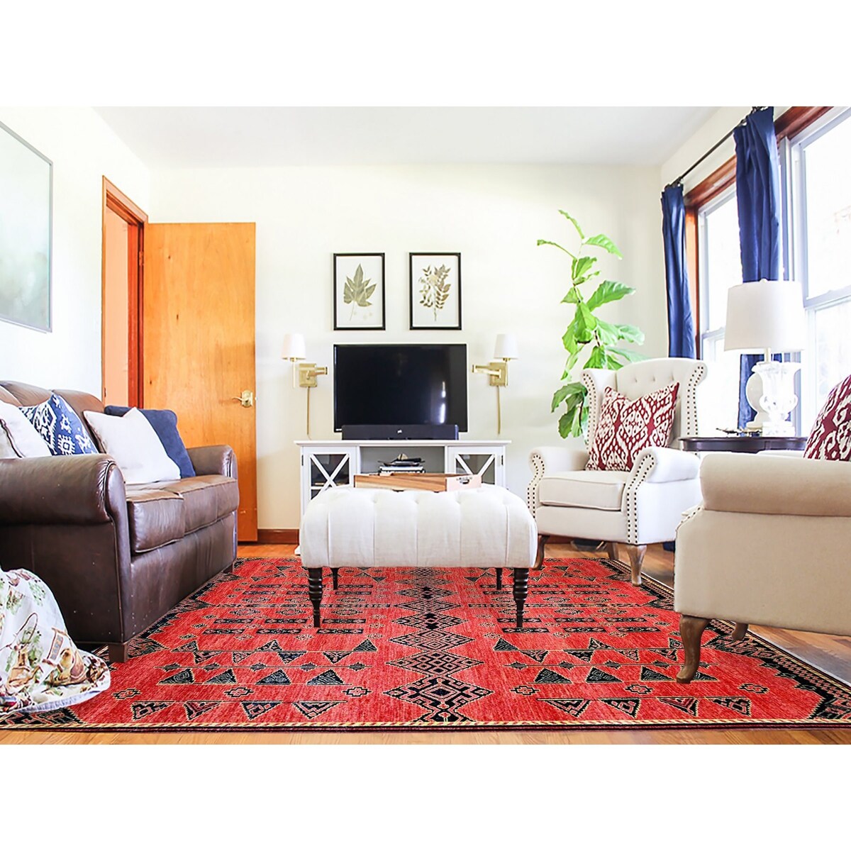 Shahbanu Rugs Crimson Red Pure Wool Hand Knotted Fine Peshawar Intricate Geometric Motifs Natural Dyes Oriental Rug (8'1"x9'8")