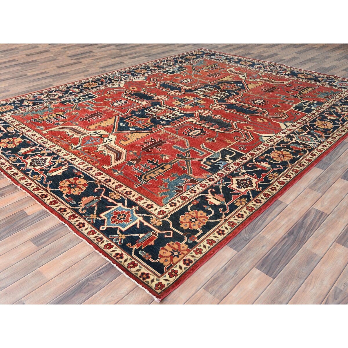Shahbanu Rugs Crimson Red Soft Wool Hand Knotted Afghan Peshawar with Large Medallion Heriz Design Natural Dyes Rug (8'9"x11'6")