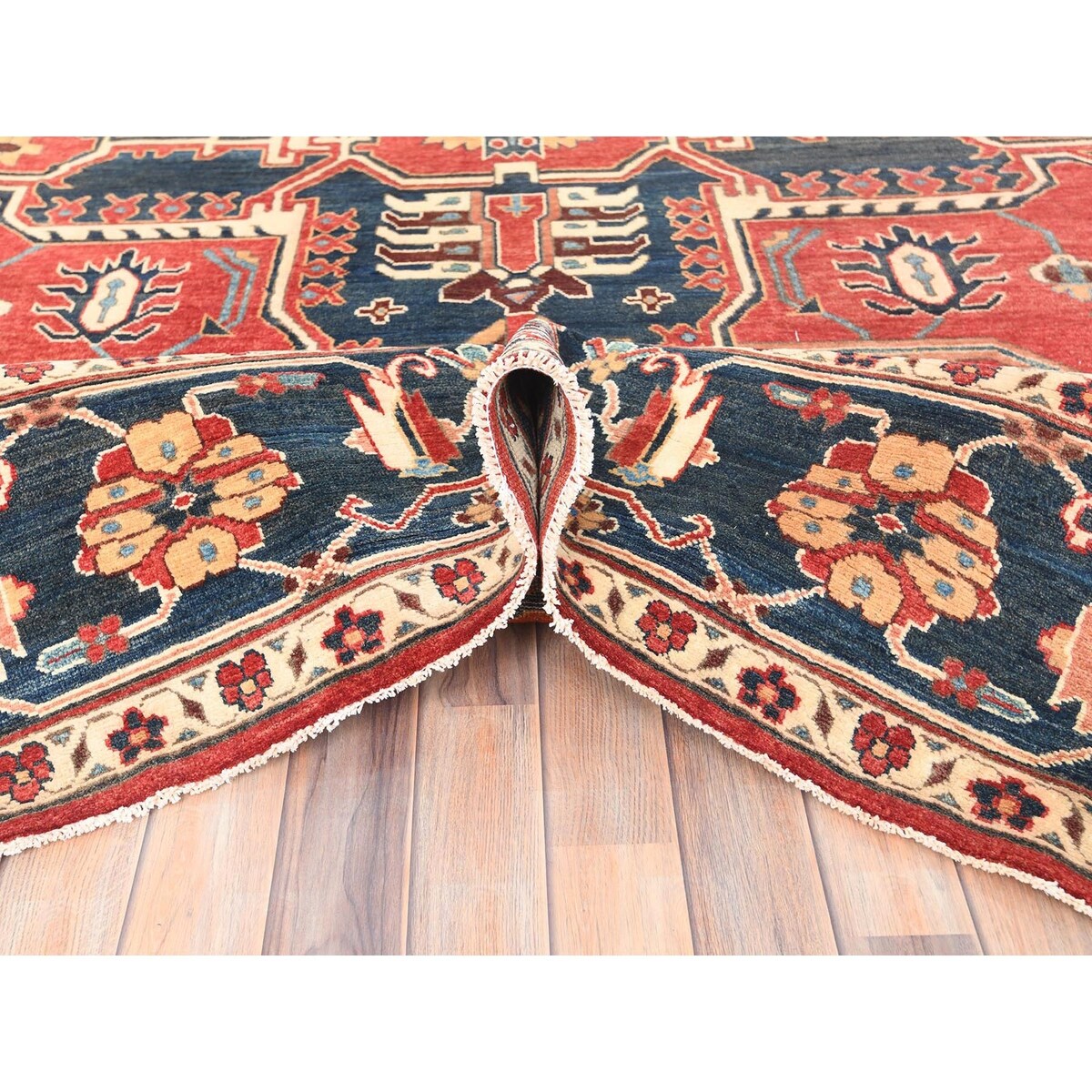 Shahbanu Rugs Crimson Red Soft Wool Hand Knotted Afghan Peshawar with Large Medallion Heriz Design Natural Dyes Rug (8'9"x11'6")