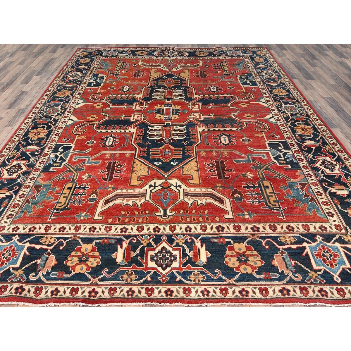 Shahbanu Rugs Crimson Red Soft Wool Hand Knotted Afghan Peshawar with Large Medallion Heriz Design Natural Dyes Rug (8'9"x11'6")