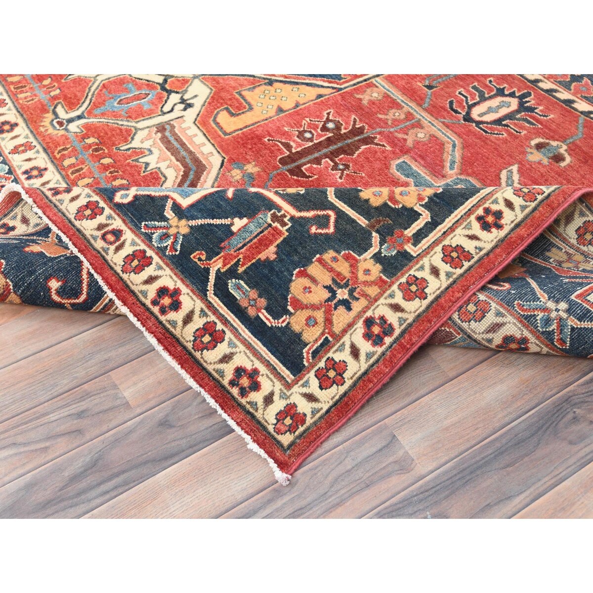 Shahbanu Rugs Crimson Red Soft Wool Hand Knotted Afghan Peshawar with Large Medallion Heriz Design Natural Dyes Rug (8'9"x11'6")