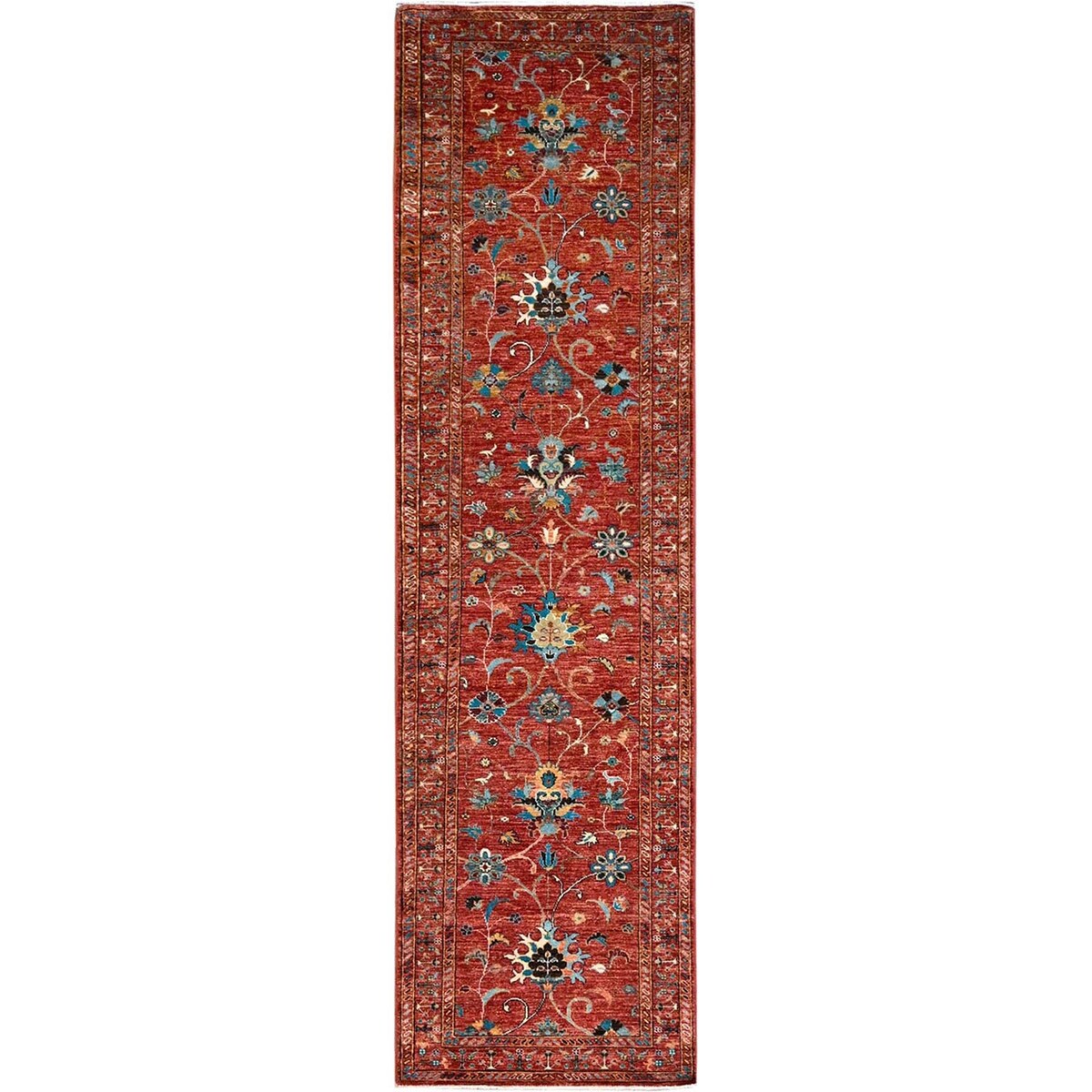 Shahbanu Rugs Crimson Red With Flower Blossom Design Pure Wool Hand Knotted Afghan Sultani Runner Oriental Rug 2'9"x10'3"
