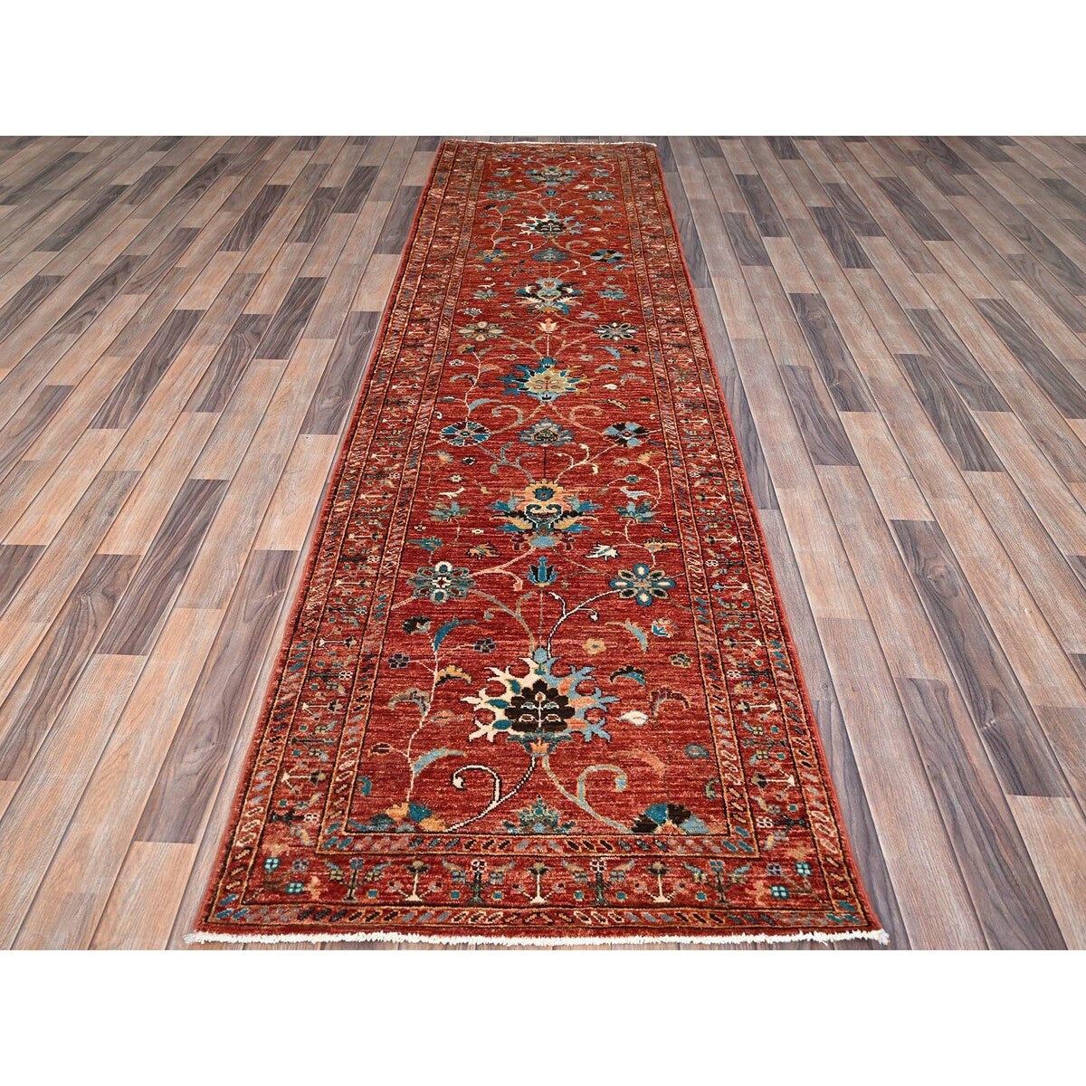 Shahbanu Rugs Crimson Red With Flower Blossom Design Pure Wool Hand Knotted Afghan Sultani Runner Oriental Rug 2'9"x10'3"