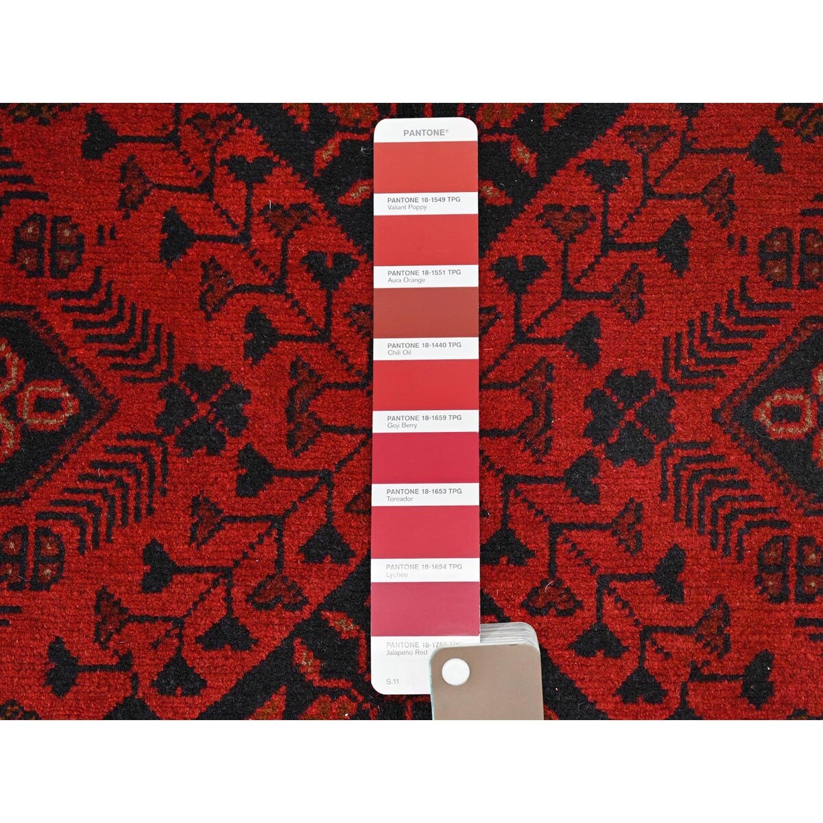 Shahbanu Rugs Crimson Red, Afghan Andkhoy with Geometric Motif, Pure Wool, Hand Knotted Oriental Rug (5'0" x 6'6") - 5'0" x 6'6"