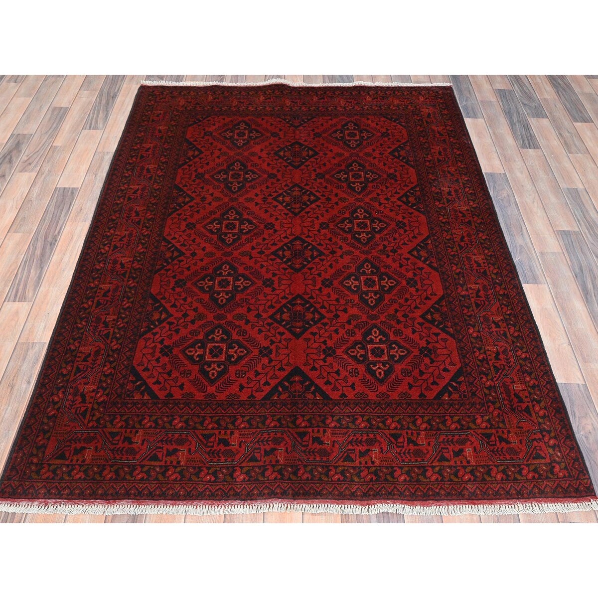Shahbanu Rugs Crimson Red, Afghan Andkhoy with Geometric Motif, Pure Wool, Hand Knotted Oriental Rug (5'0" x 6'6") - 5'0" x 6'6"