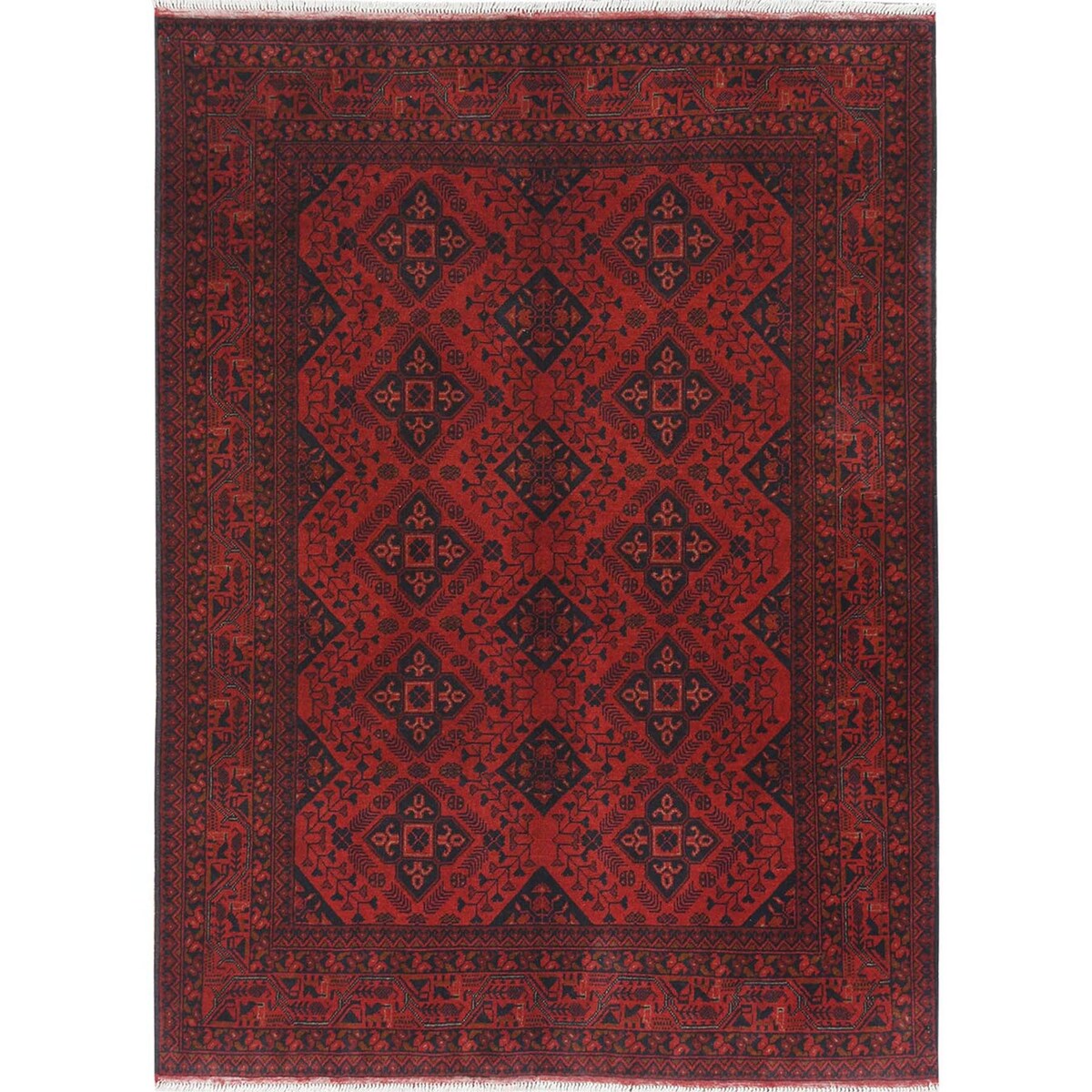 Shahbanu Rugs Crimson Red, Afghan Andkhoy with Geometric Motif, Pure Wool, Hand Knotted Oriental Rug (5'0" x 6'6") - 5'0" x 6'6"