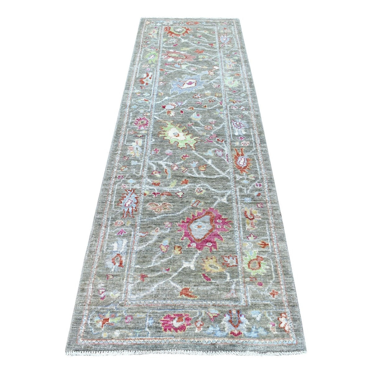 Shahbanu Rugs Dark Gray Oushak With Floral Motifs Pure Wool Hand Knotted Oriental Runner Rug (2'9" x 9'7") - 2'9" x 9'7"