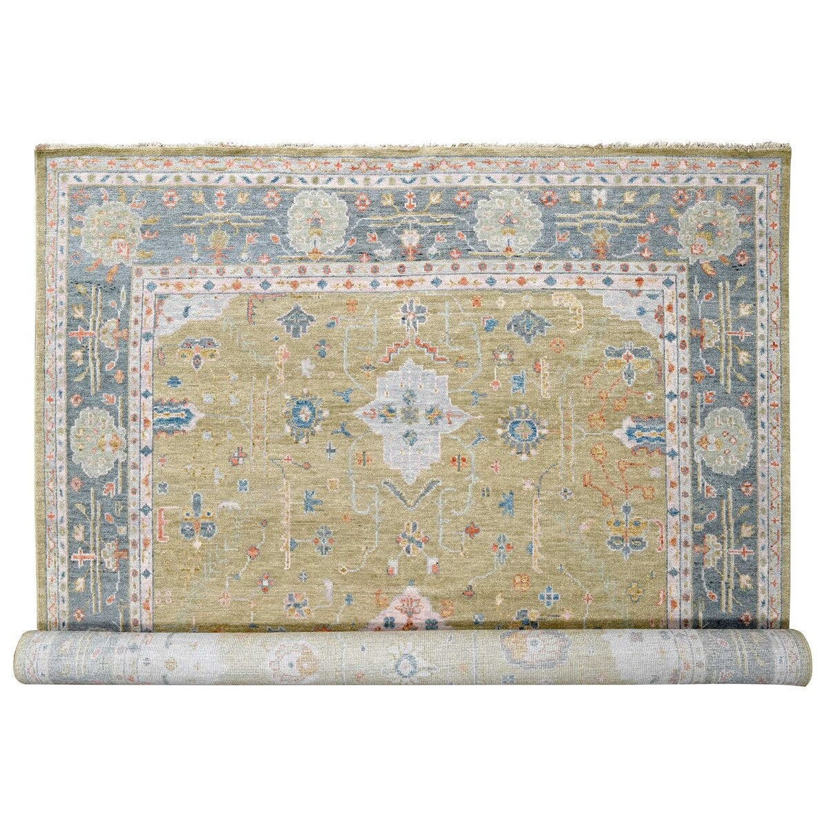 Shahbanu Rugs Dusty Yellow Oushak Design Supple Collection Soft and Vibrant Pile Hand Knotted Wool Oversized Rug (12'1" x 17'9")