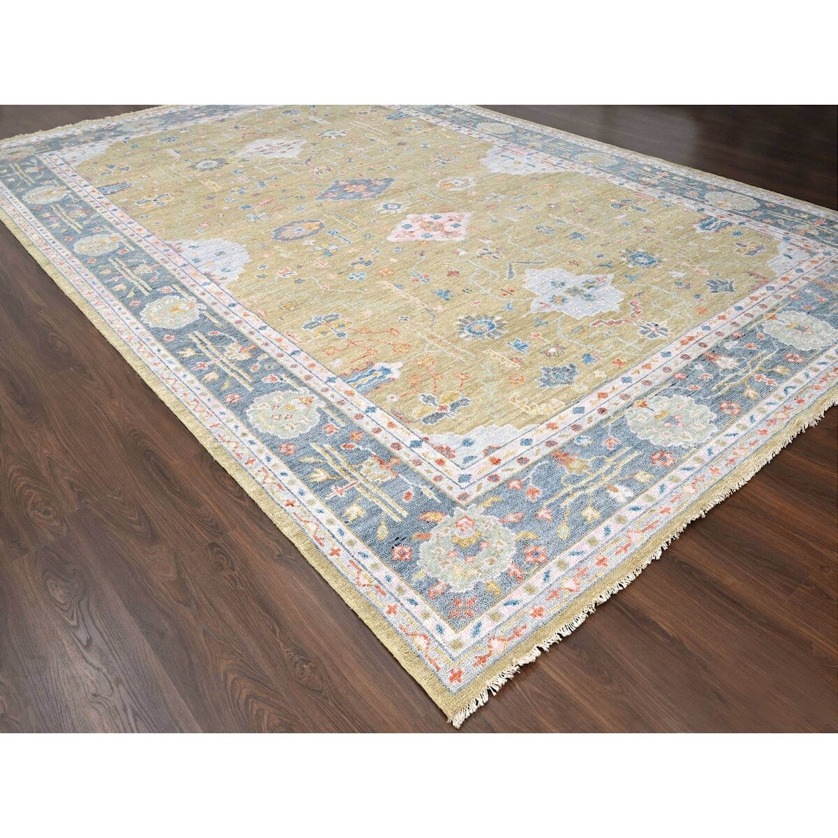 Shahbanu Rugs Dusty Yellow Oushak Design Supple Collection Soft and Vibrant Pile Hand Knotted Wool Oversized Rug (12'1" x 17'9")