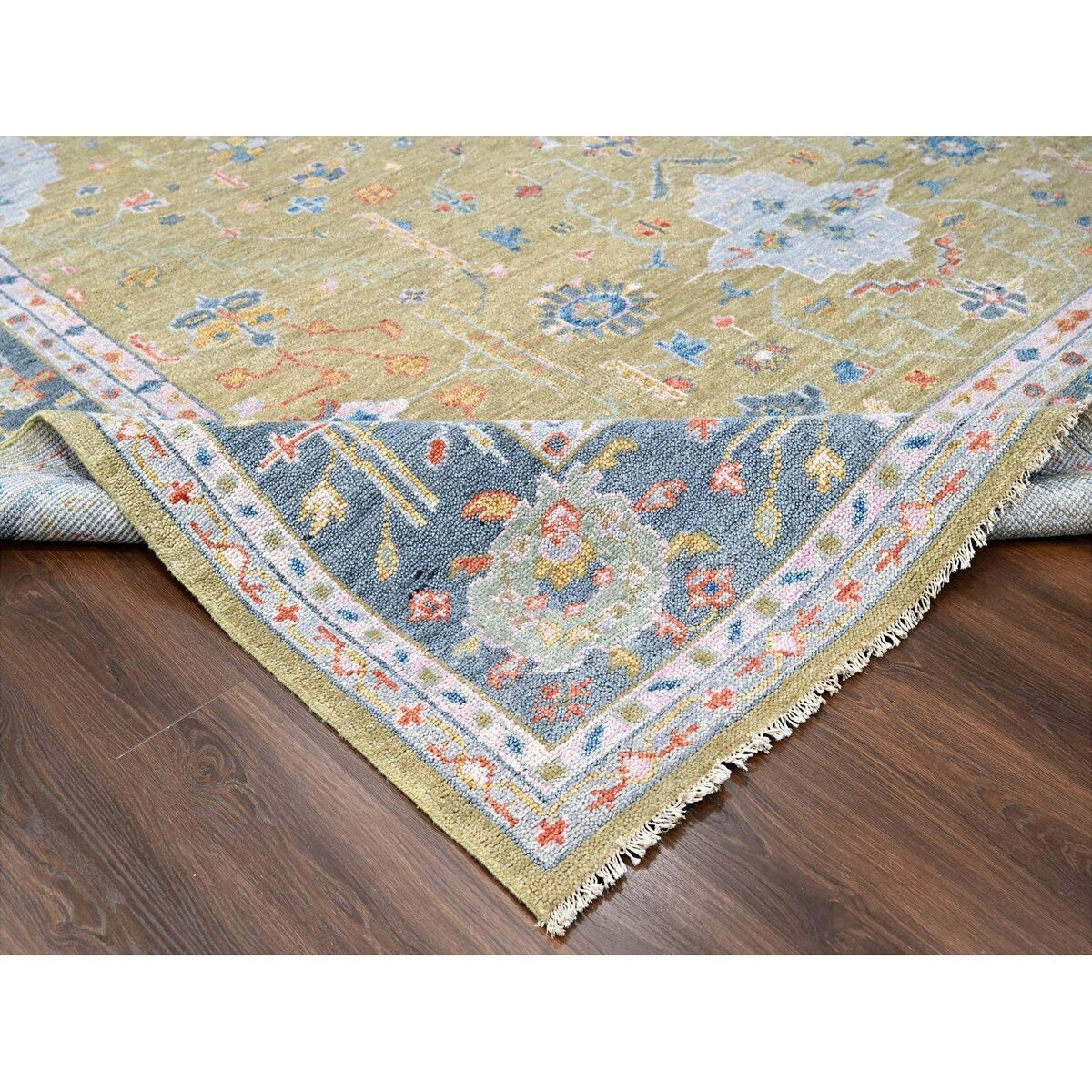 Shahbanu Rugs Dusty Yellow Oushak Design Supple Collection Soft and Vibrant Pile Hand Knotted Wool Oversized Rug (12'1" x 17'9")
