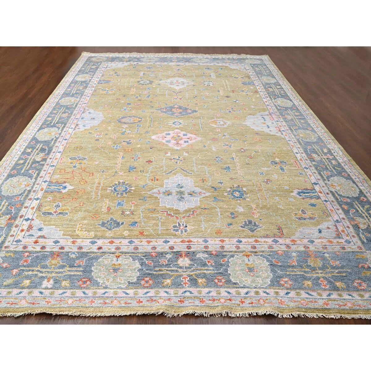 Shahbanu Rugs Dusty Yellow Oushak Design Supple Collection Soft and Vibrant Pile Hand Knotted Wool Oversized Rug (12'1" x 17'9")