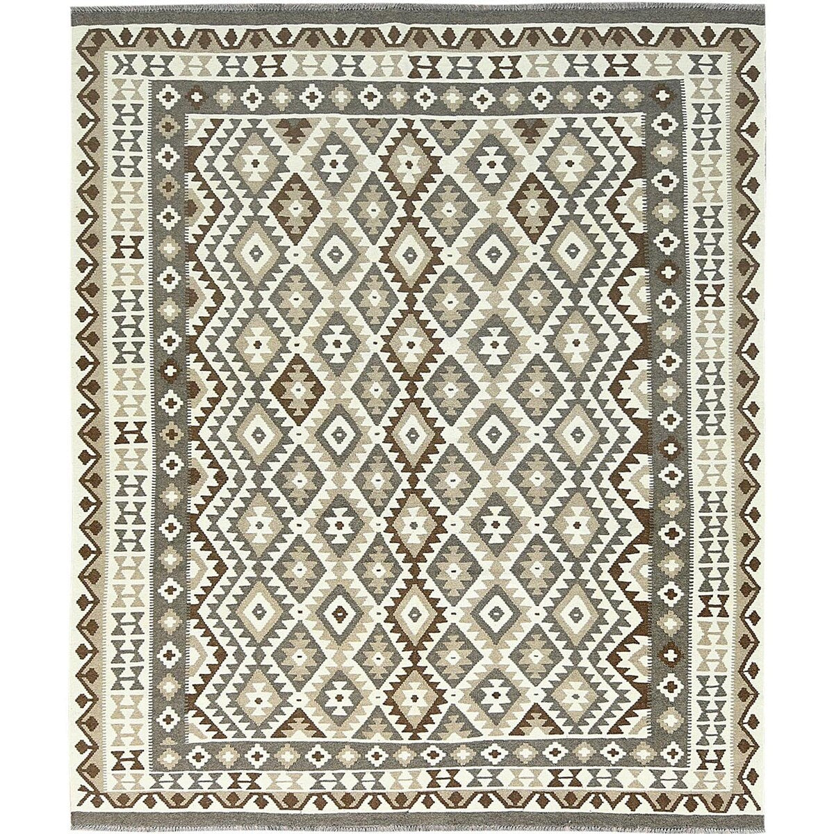 Shahbanu Rugs Earth Tone Colors Hand Woven Afghan Kilim Geometric Design Undyed Natural Wool Reversible Rug (8'2" x 9'8")