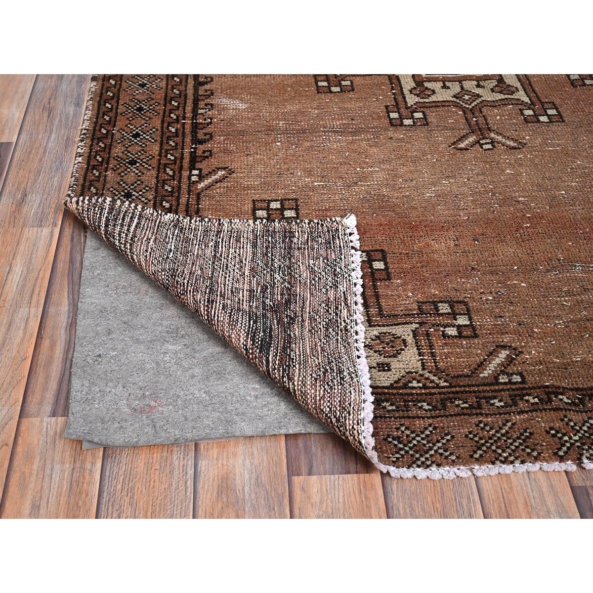 Shahbanu Rugs Friar Brown Vintage Distressed Persian Gabbeh and Good Cond Evenly Worn Pure Wool Hand Knotted Clean Rug (4'2"x6')
