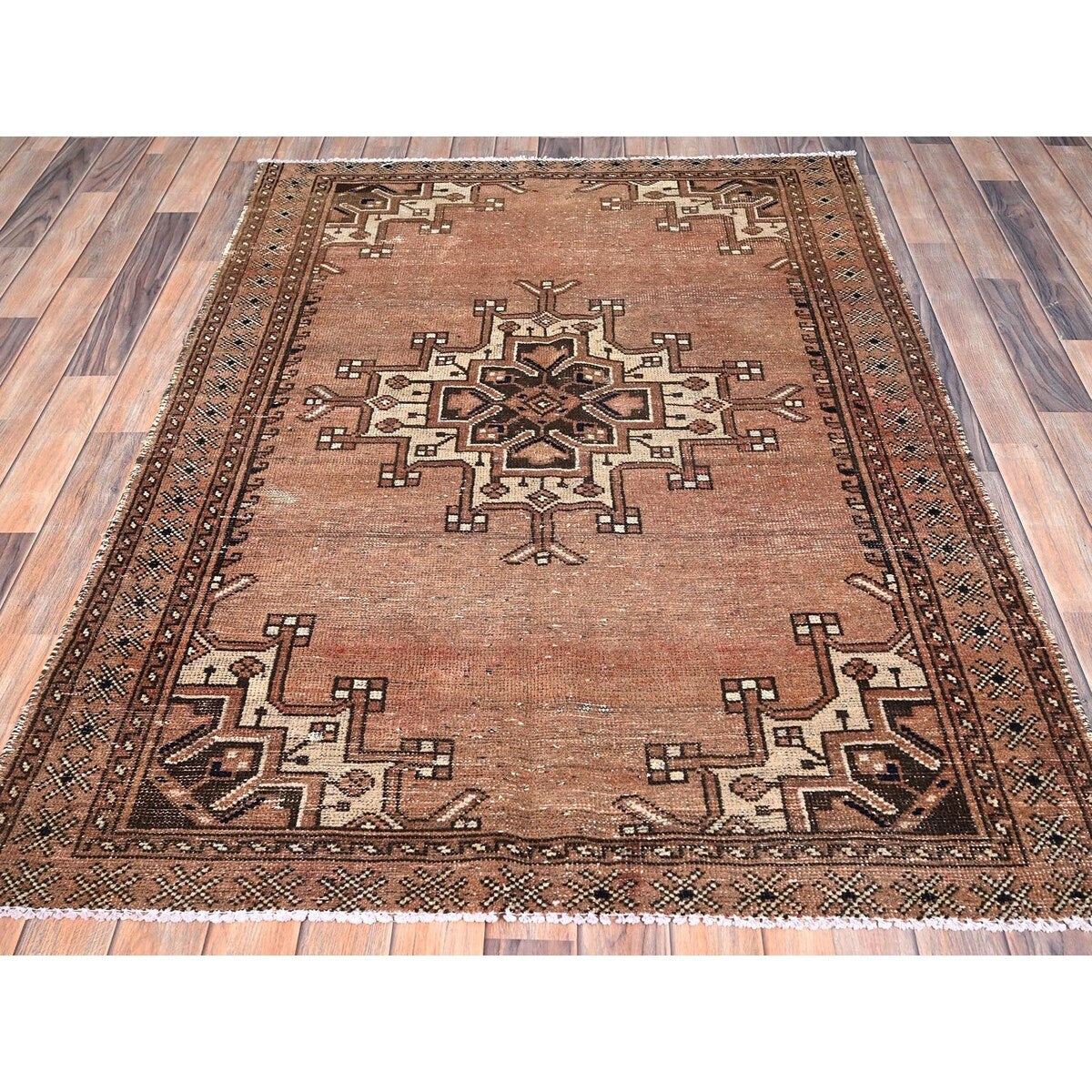 Shahbanu Rugs Friar Brown Vintage Distressed Persian Gabbeh and Good Cond Evenly Worn Pure Wool Hand Knotted Clean Rug (4'2"x6')