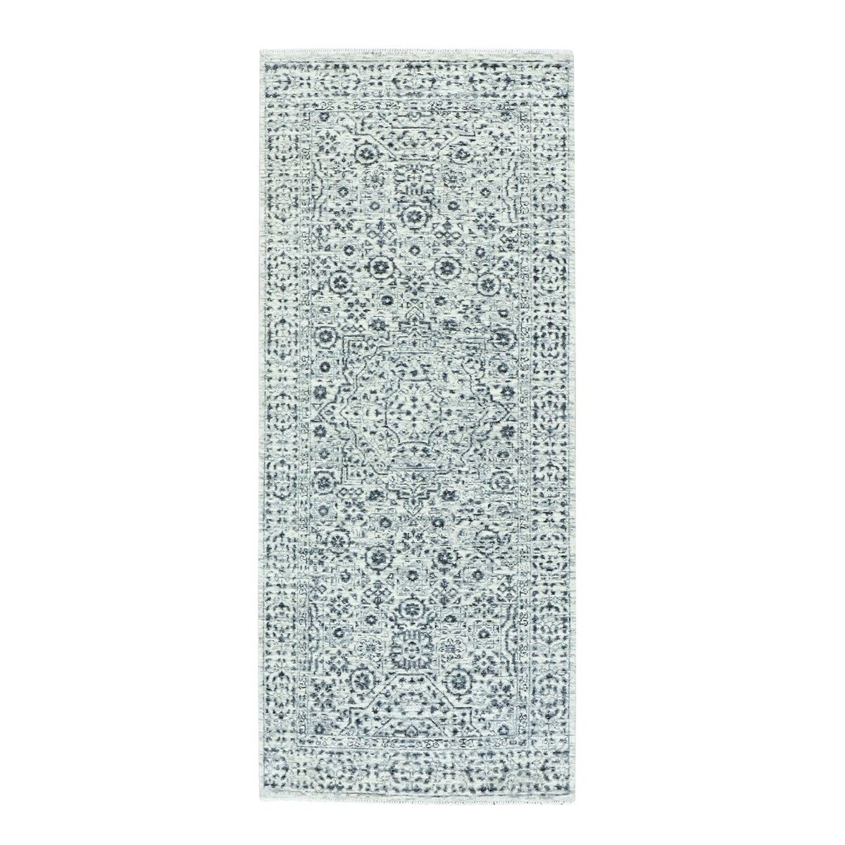 Shahbanu Rugs Ghost White, Tone on Tone Design, Undyed 100% Wool, Hand Knotted, Mamluk Dynasty, Runner Oriental Rug (2'6"x6'0")