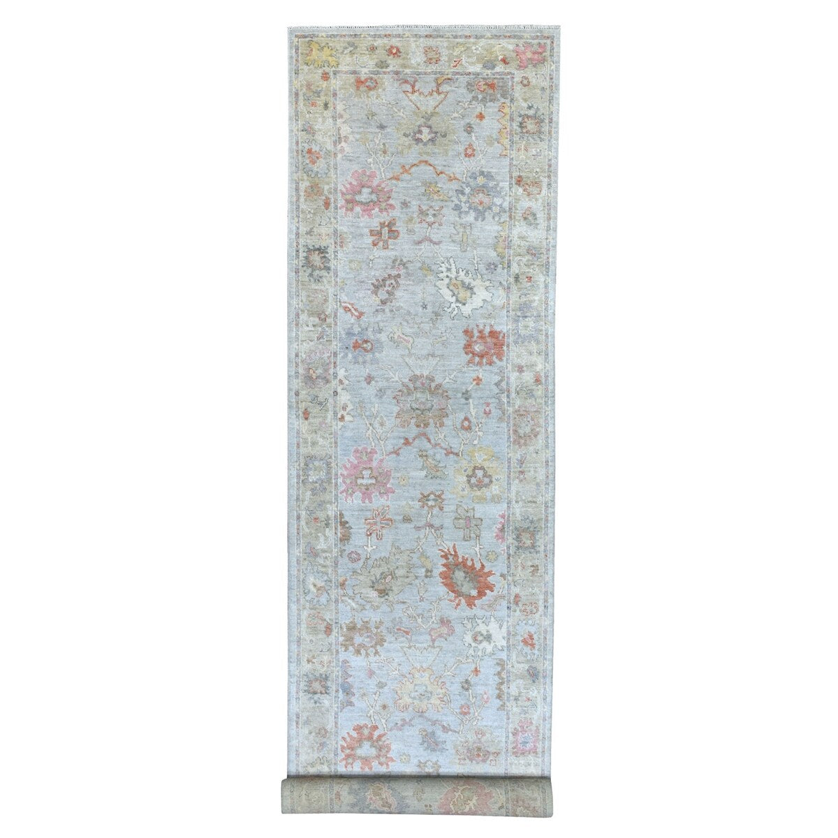 Shahbanu Rugs Gray Sun-Dried Wool Hand Knotted With Soft Colors Oushak Oriental Wide Gallery Size Runner Rug (4'0" x 19'5")