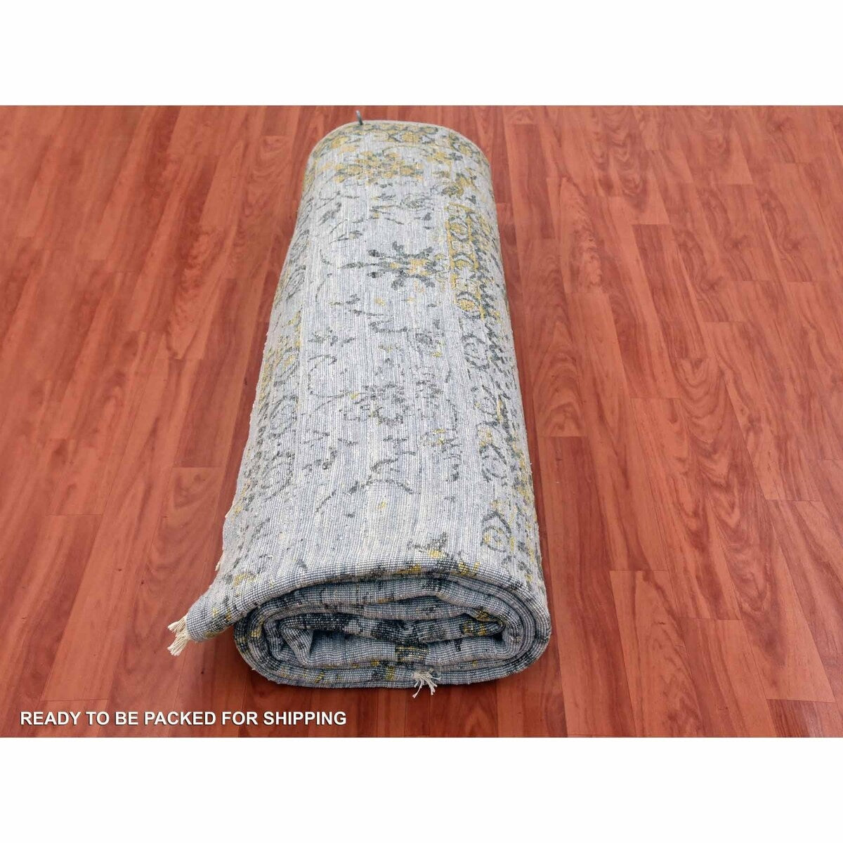 Shahbanu Rugs Gray Transitional Broken Persian All Over Design Vines and Scrolls Wool and Silk Hand Knotted Rug (9'x11'10")