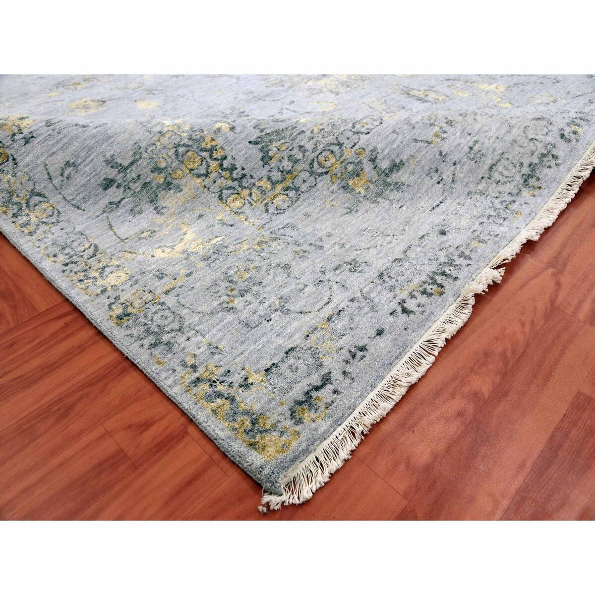 Shahbanu Rugs Gray Transitional Broken Persian All Over Design Vines and Scrolls Wool and Silk Hand Knotted Rug (9'x11'10")