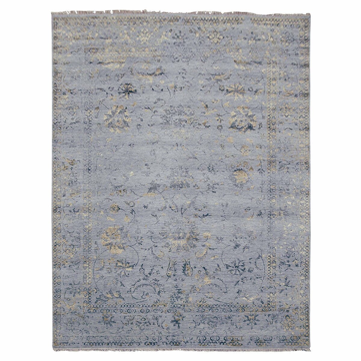 Shahbanu Rugs Gray Transitional Broken Persian All Over Design Vines and Scrolls Wool and Silk Hand Knotted Rug (9'x11'10")