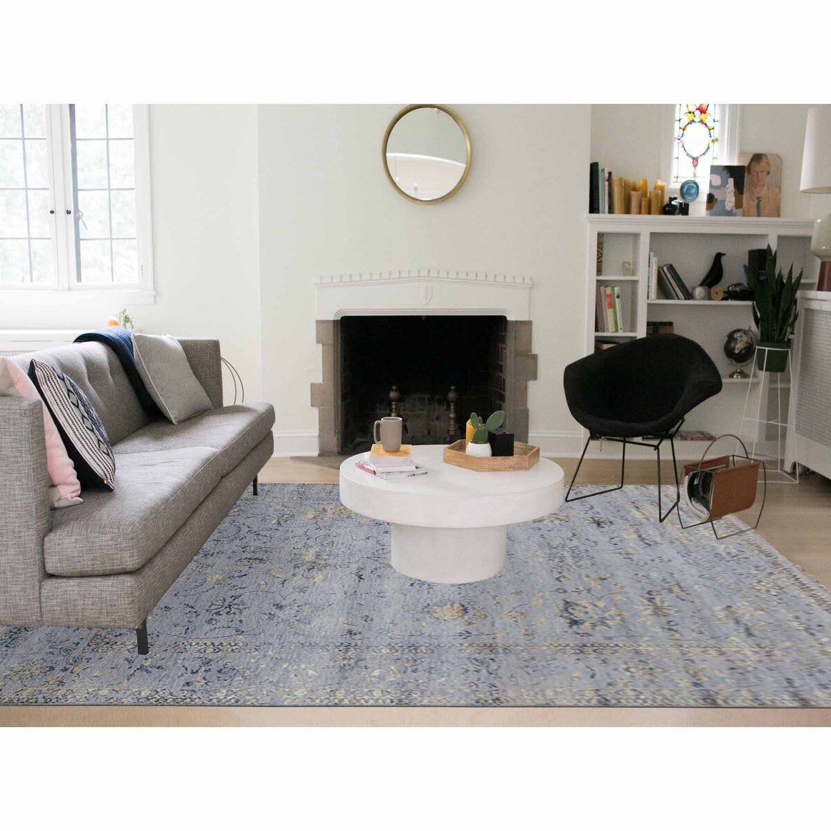 Shahbanu Rugs Gray Transitional Broken Persian All Over Design Vines and Scrolls Wool and Silk Hand Knotted Rug (9'x11'10")