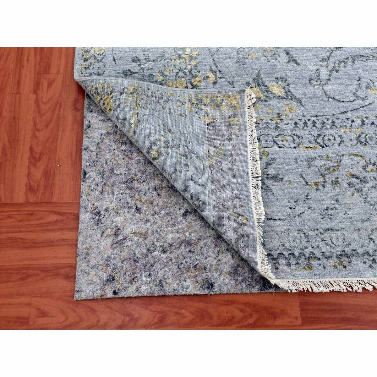 Shahbanu Rugs Gray Transitional Broken Persian All Over Design Vines and Scrolls Wool and Silk Hand Knotted Rug (9'x11'10")