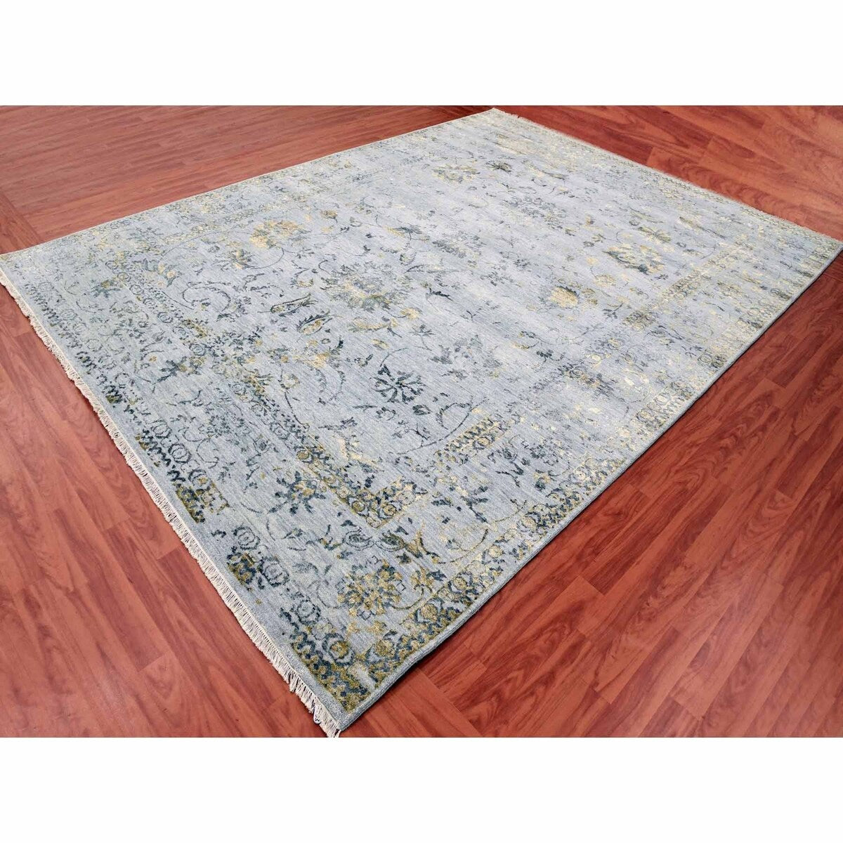 Shahbanu Rugs Gray Transitional Broken Persian All Over Design Vines and Scrolls Wool and Silk Hand Knotted Rug (9'x11'10")