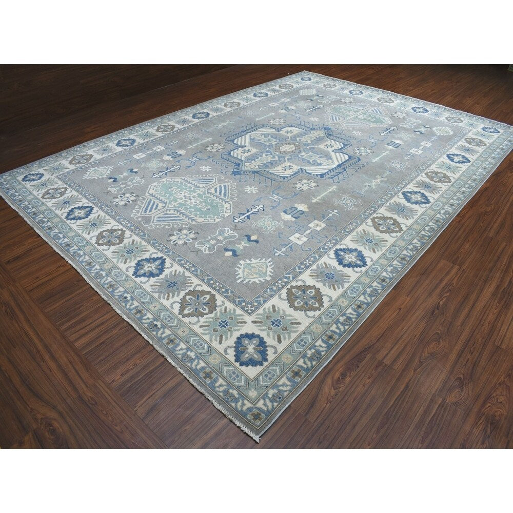 Shahbanu Rugs Gray Vintage Look Kazak Geometric Design Pure Wool Hand Knotted Oriental Rug (10'0" x 14'1") - 10'0" x 14'1"