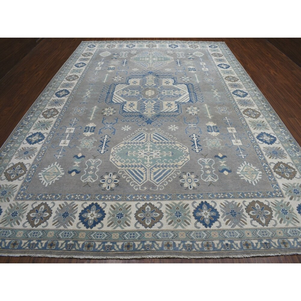 Shahbanu Rugs Gray Vintage Look Kazak Geometric Design Pure Wool Hand Knotted Oriental Rug (10'0" x 14'1") - 10'0" x 14'1"